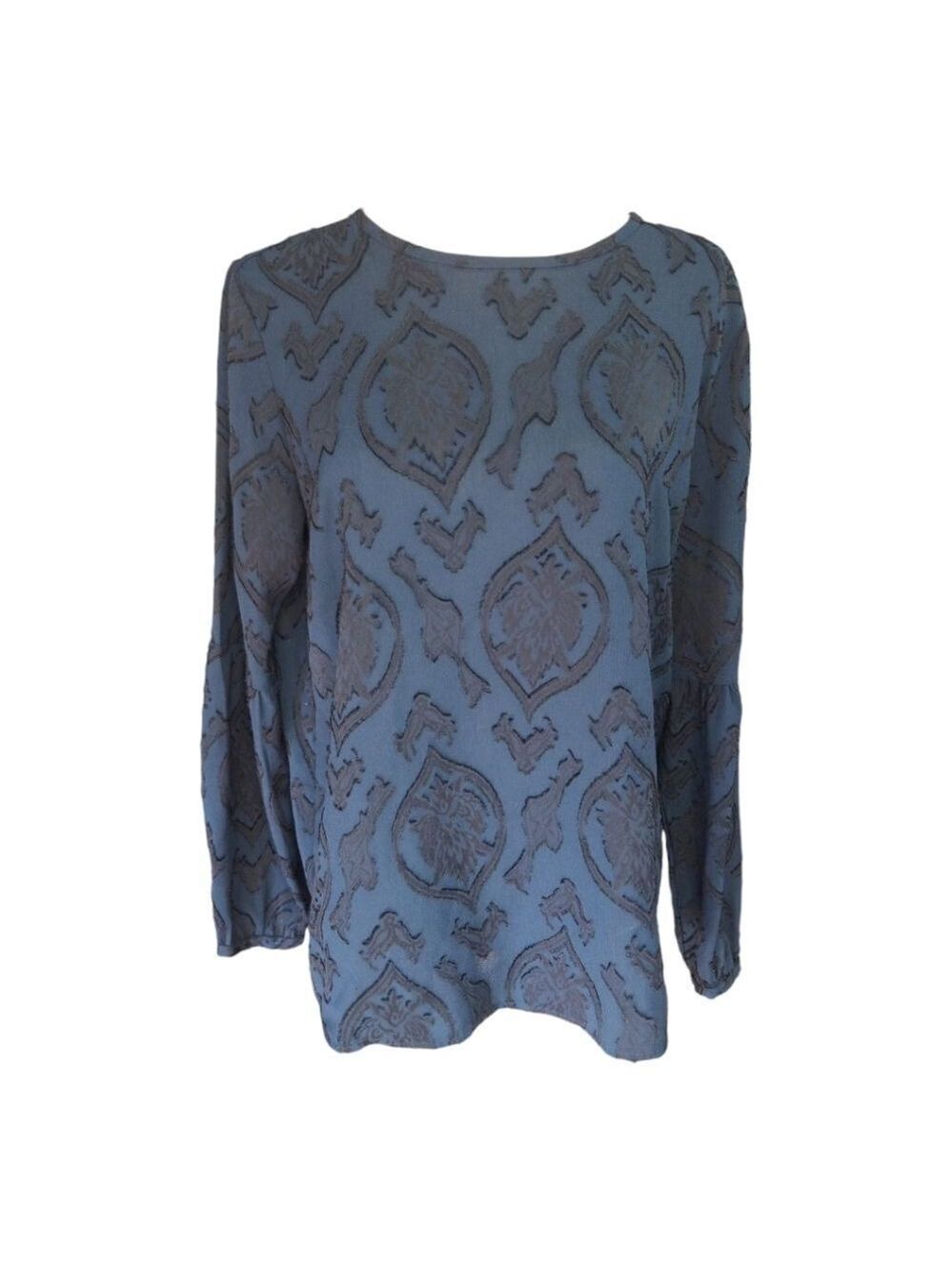 Loft Blouse Blue With Black Velvet Textured Burnout Pattern Top Size Medium - Picture 8 of 8